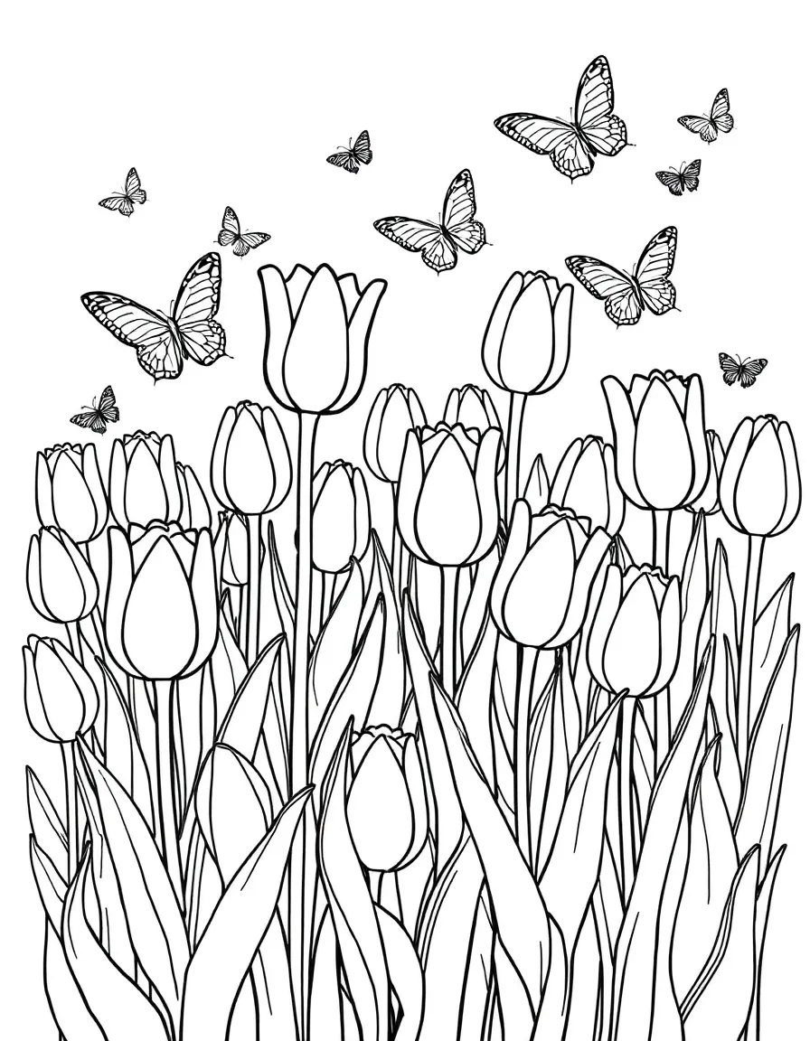 A field of tulips in various stages of bloom with butterflies