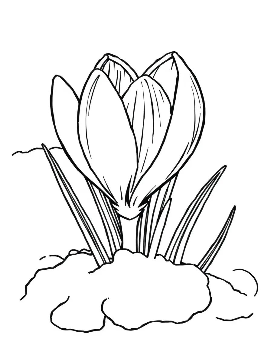 A close-up of a crocus pushing through the last of winter snow