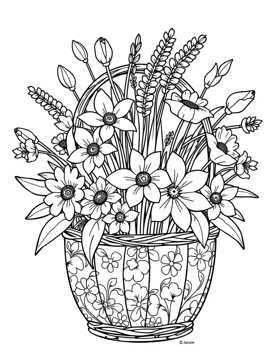 A bouquet of spring flowers in a decorated Easter basket