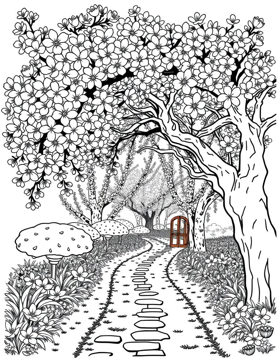 Cherry blossoms arching over a peaceful garden path
