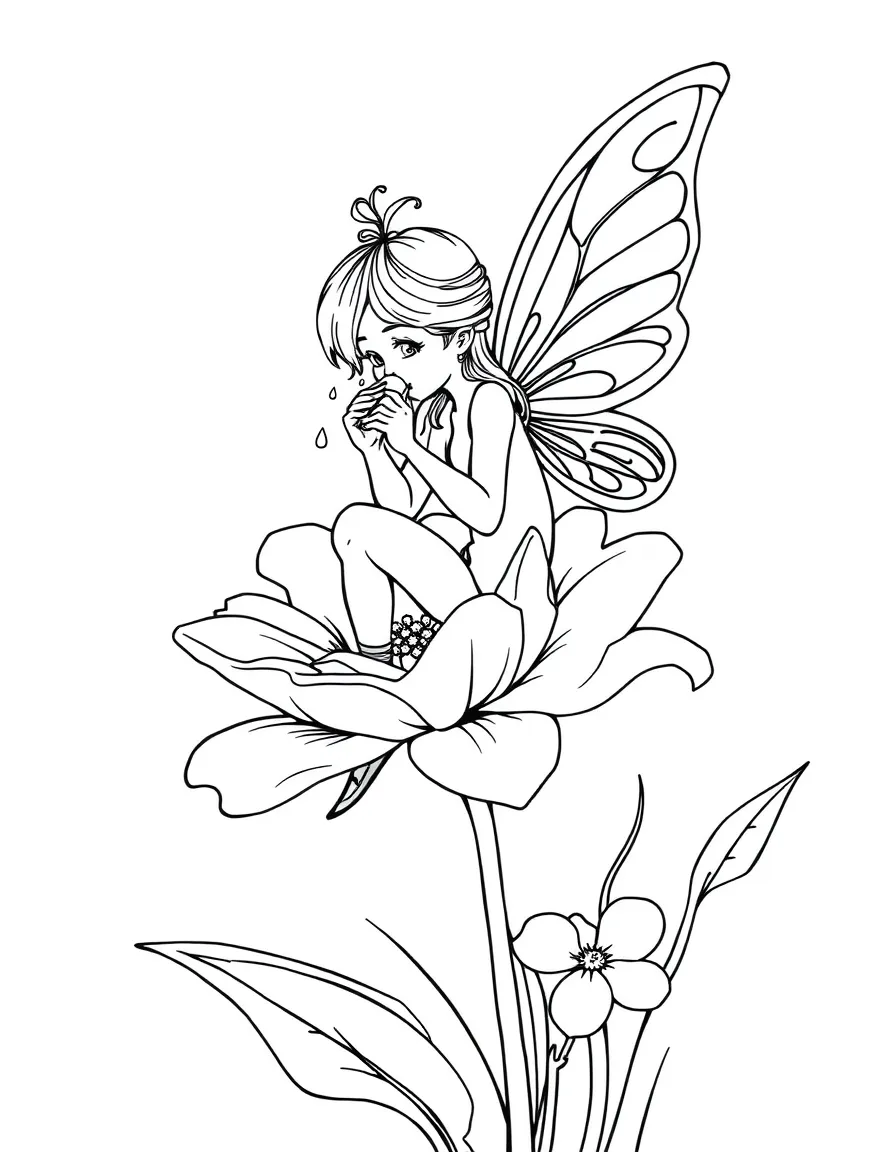 A fairy sitting on a blooming spring flower drinking dew