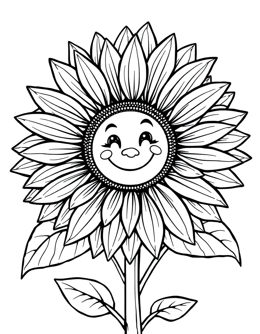 A detailed sunflower with a happy face in the center