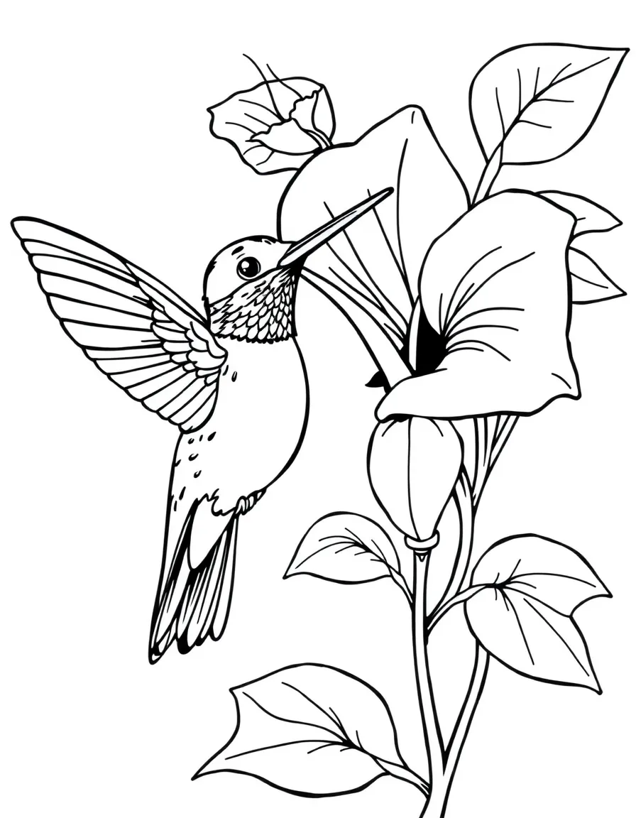 A hummingbird sipping nectar from a trumpet flower