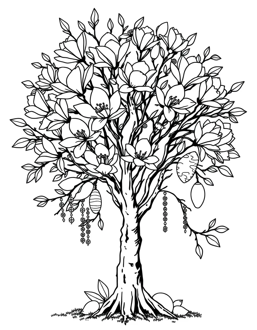A magnolia tree in full bloom with Easter decorations