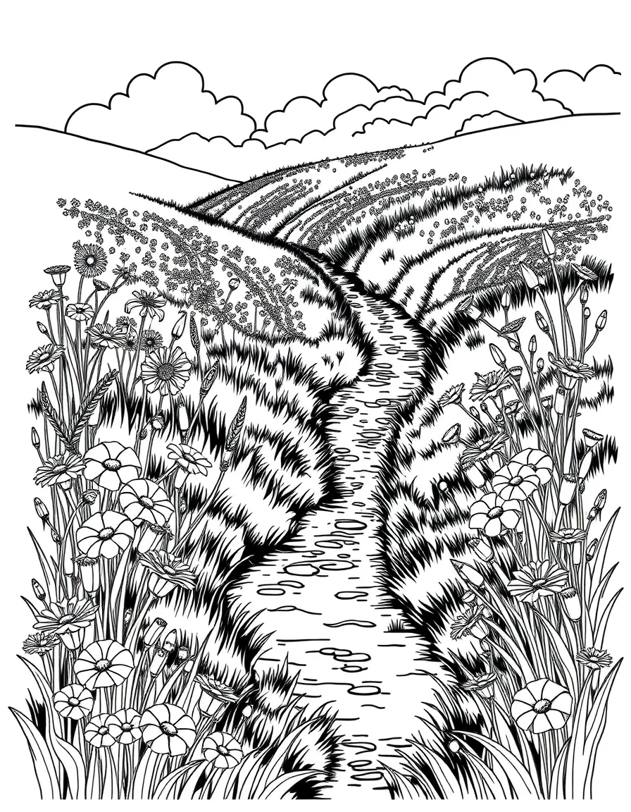A meadow of wildflowers with a stream running through it