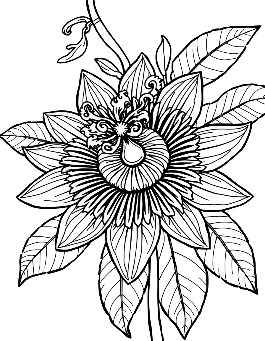 A passionflower with intricate spirals and patterns