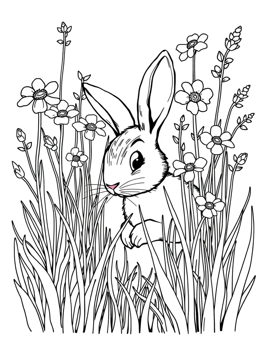 A rabbit hiding among tall spring flowers and grasses