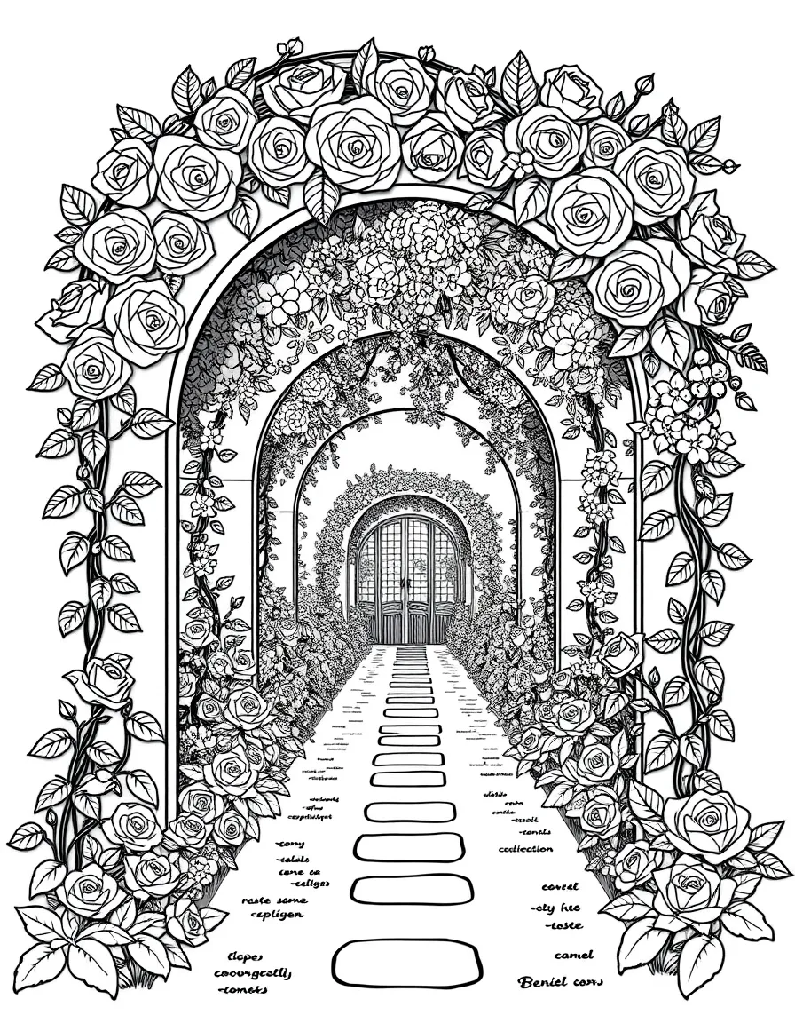 A rose garden with archways and decorative trellises