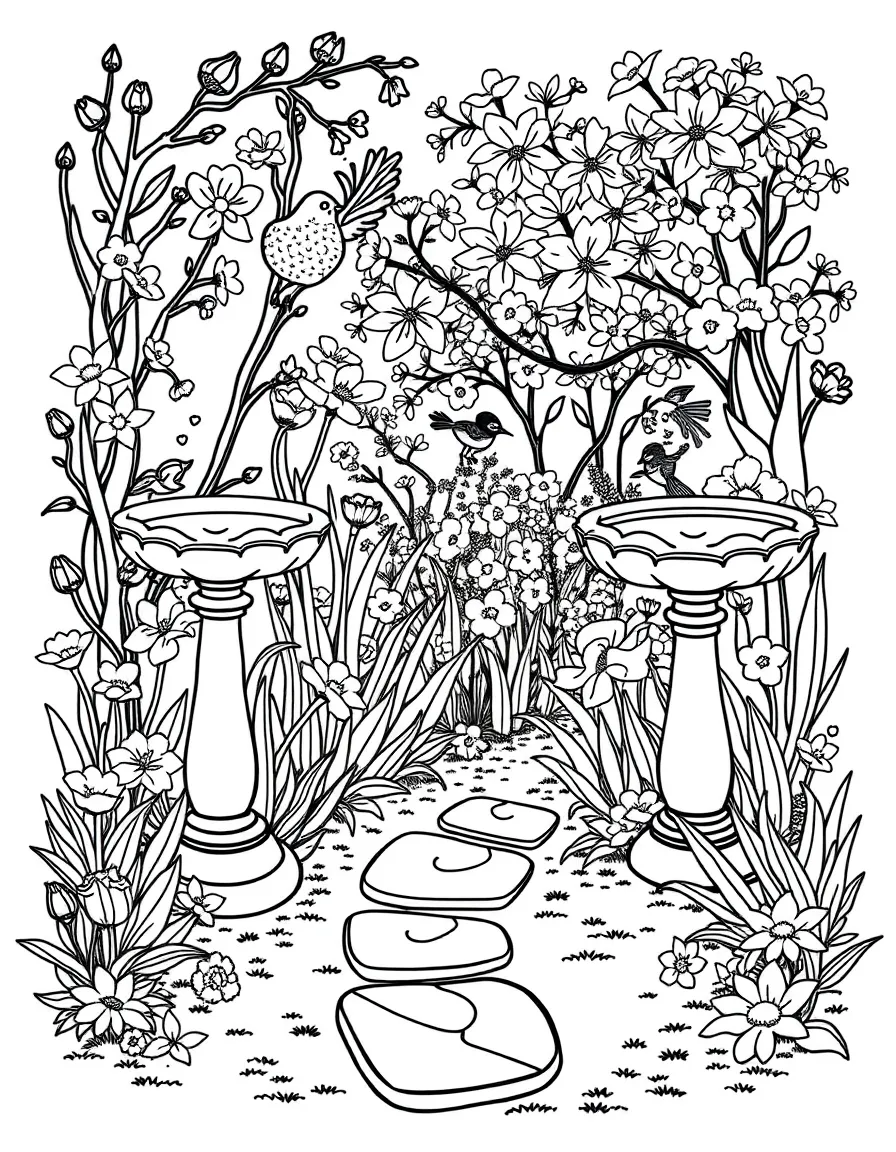 A spring garden with bird baths and decorative stepping stones
