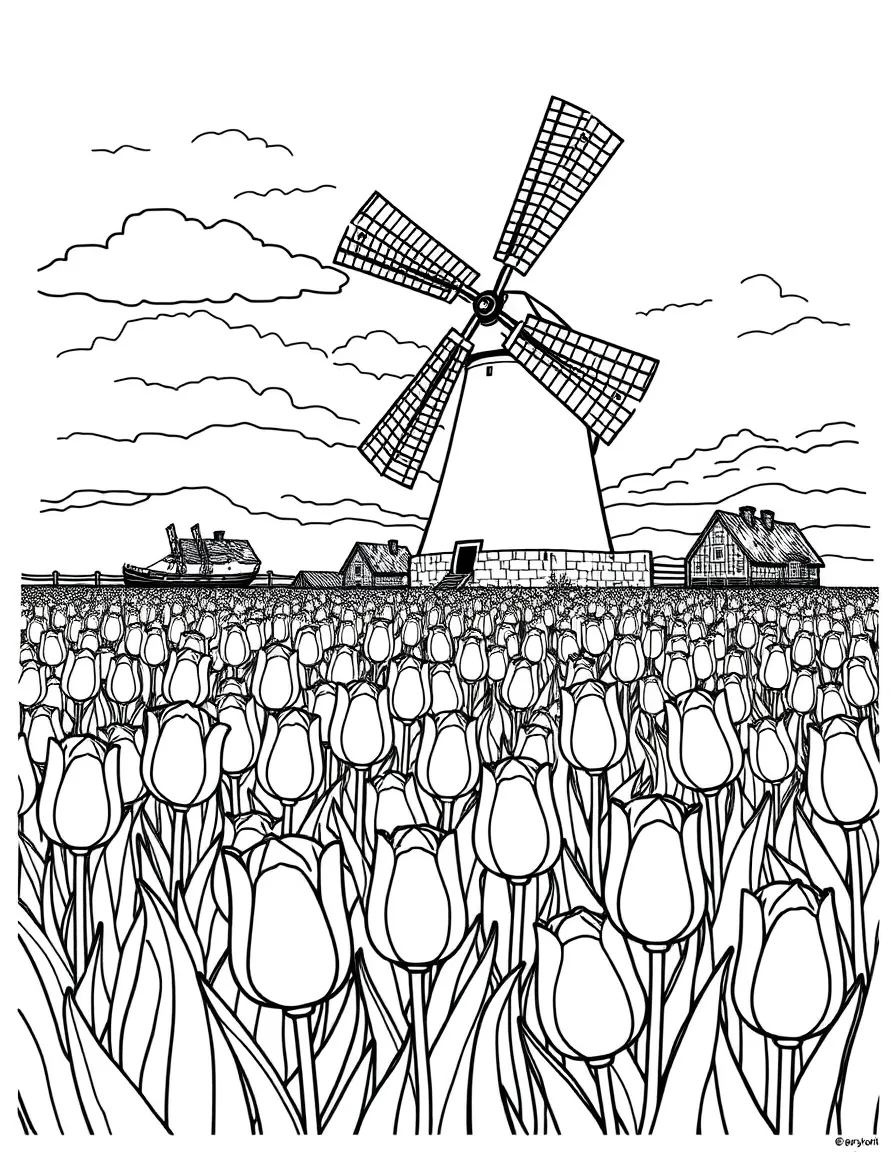 A tulip field with a Dutch windmill in the background