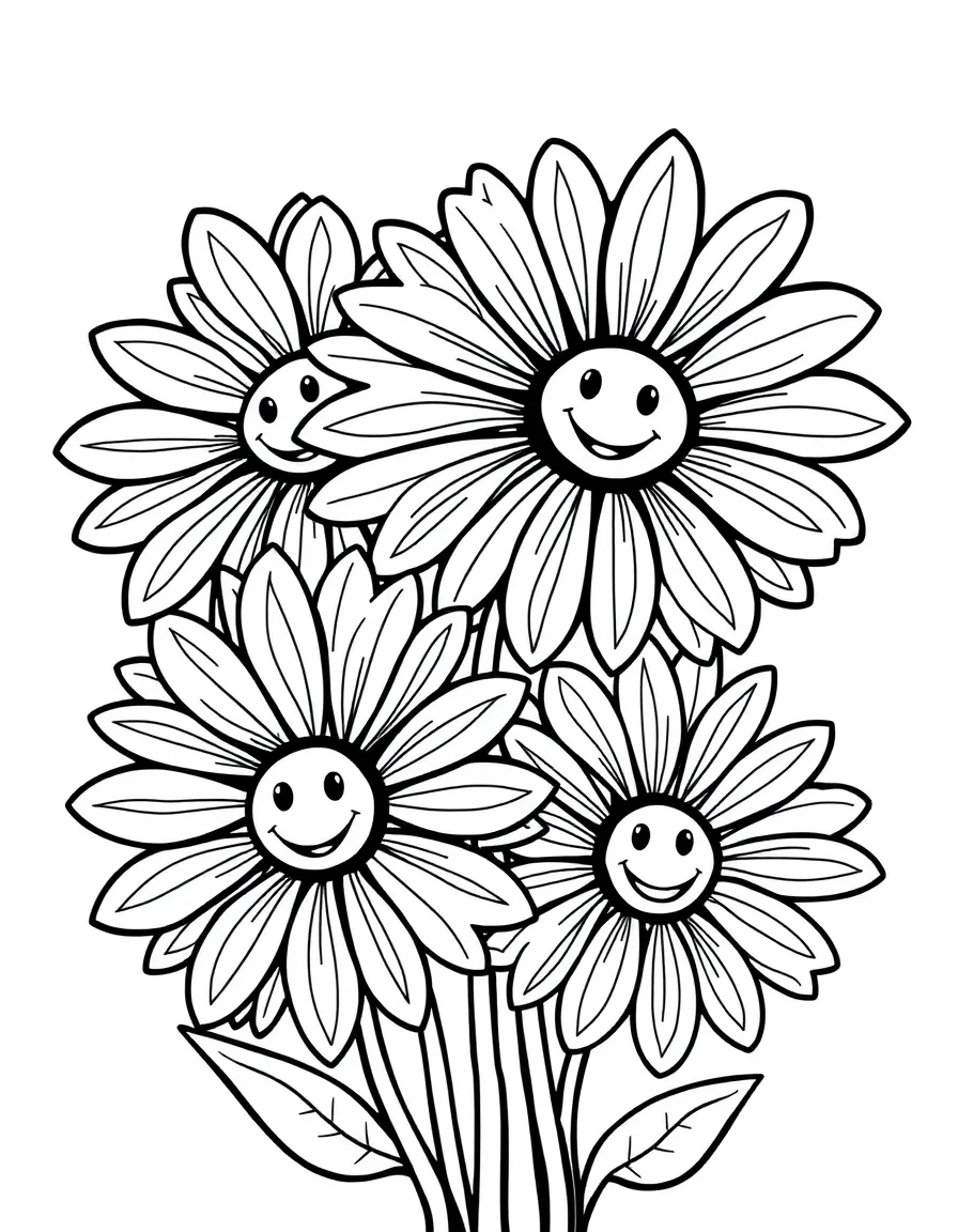 Daisies with elaborate petal patterns and smiling faces