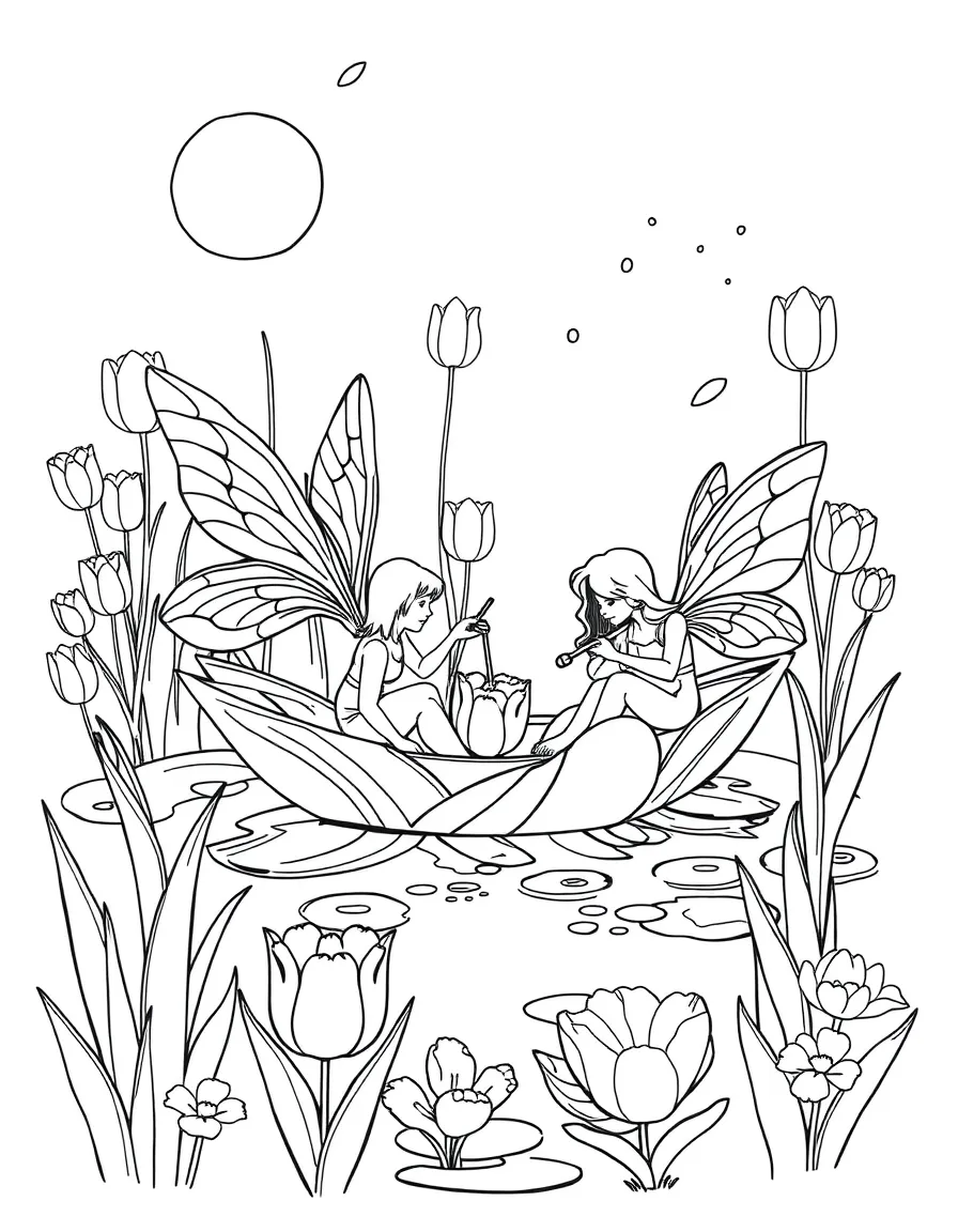 Flower fairies using tulips as boats on a spring pond