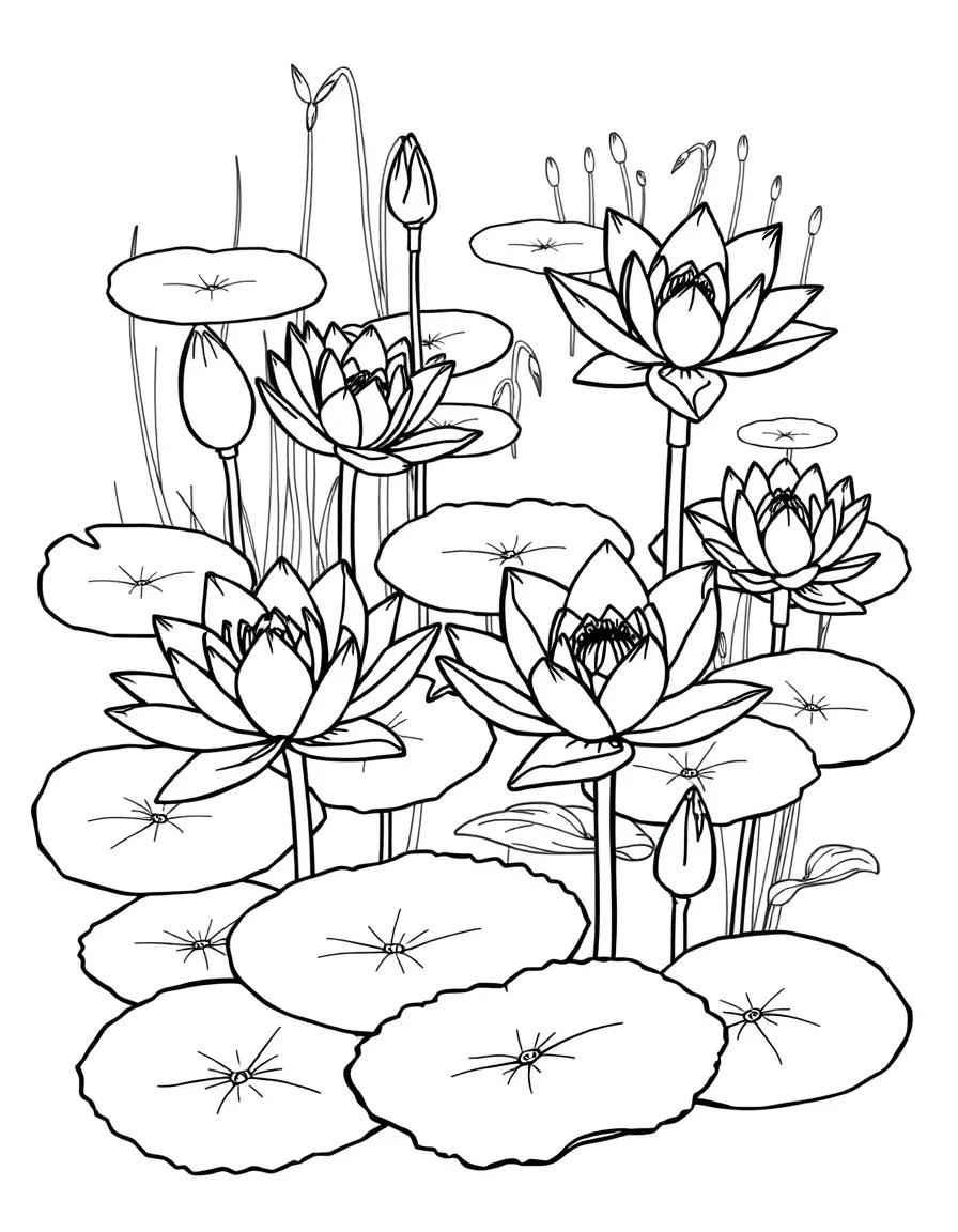 Lily pads with blooming lotus flowers in a spring pond