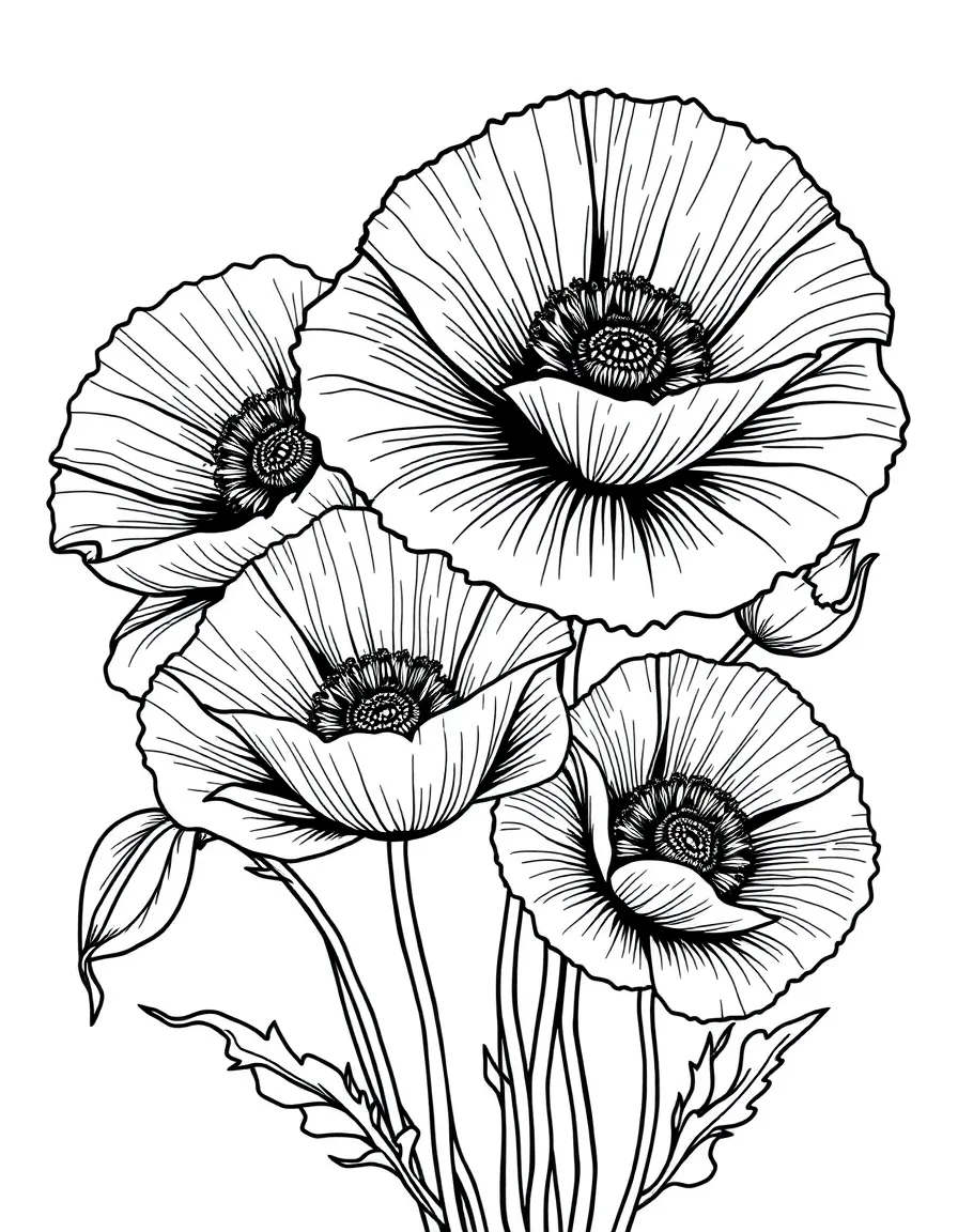 Poppies with detailed centers and flowing petals