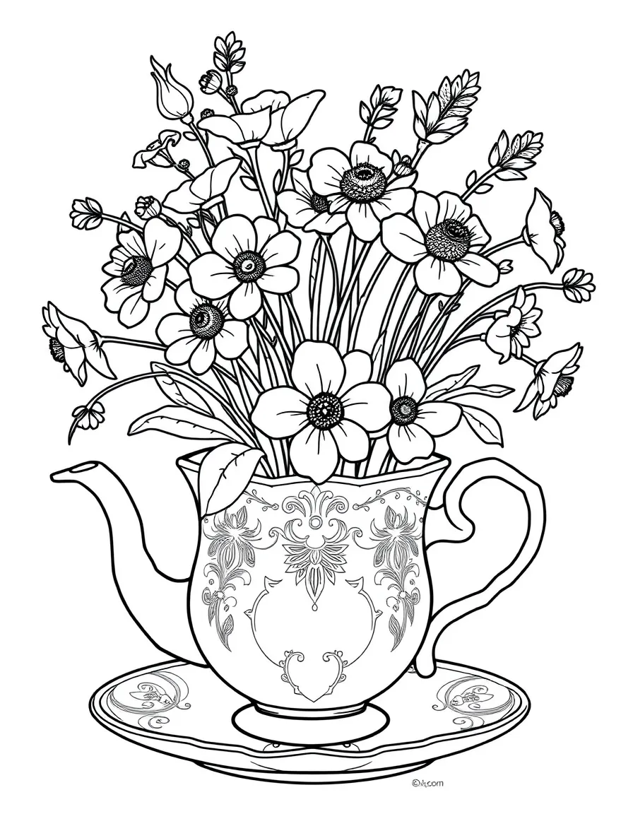 Spring flowers growing in antique teacups and teapots