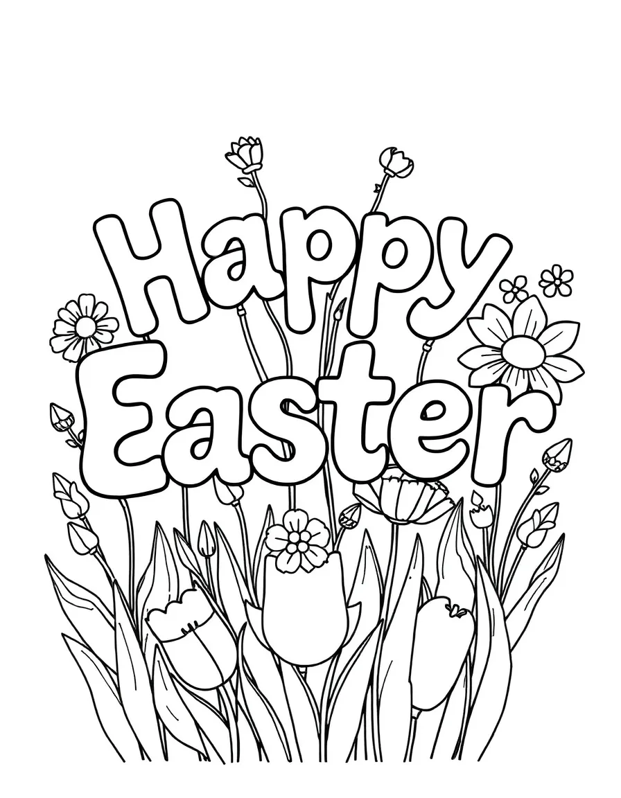 Spring flowers in bloom spelling out "Happy Easter"