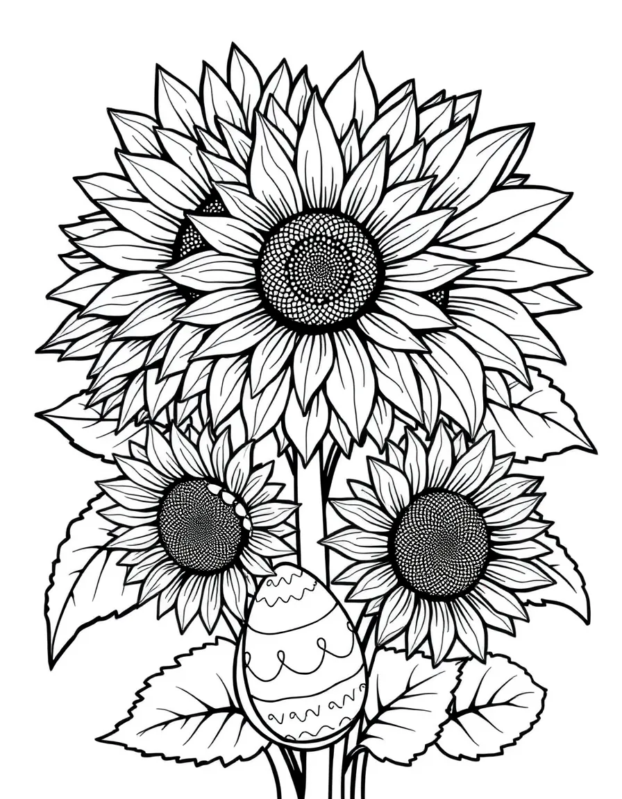 Sunflowers with Easter eggs hidden among their leaves