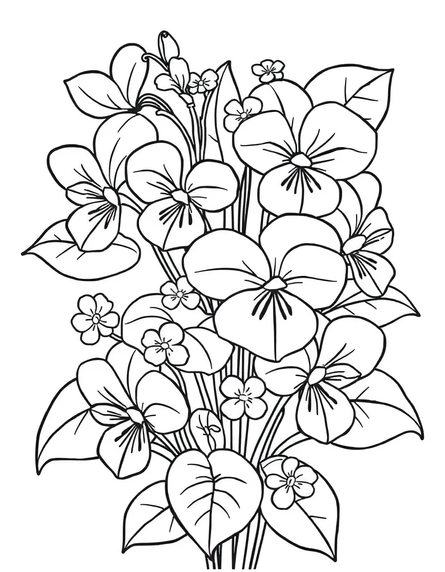 Violets with heart-shaped leaves and delicate flowers