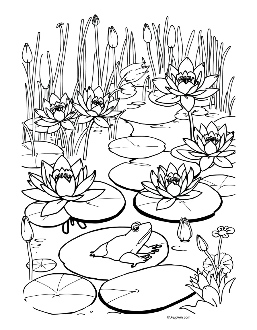 Water lilies floating on a spring pond with frogs