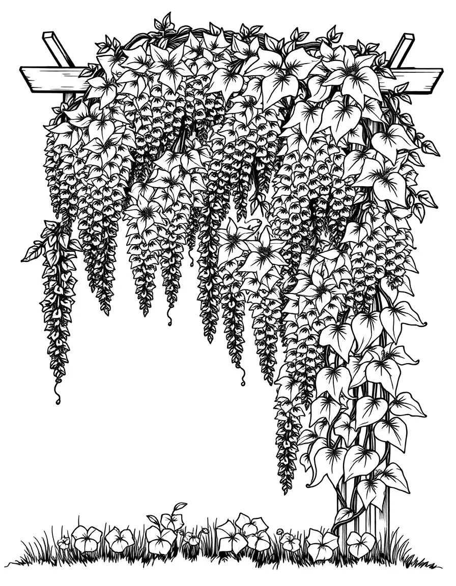 Wisteria vines cascading down a garden trellis