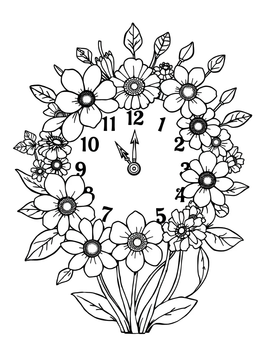 A clock made of spring flowers showing the time of renewal