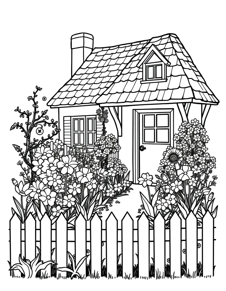 A cottage garden with spring flowers and picket fence