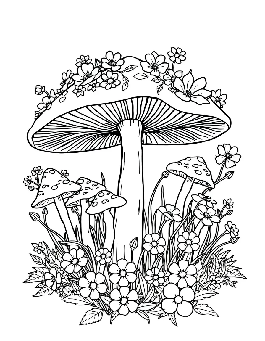 A fairy ring of mushrooms with spring flowers growing around it