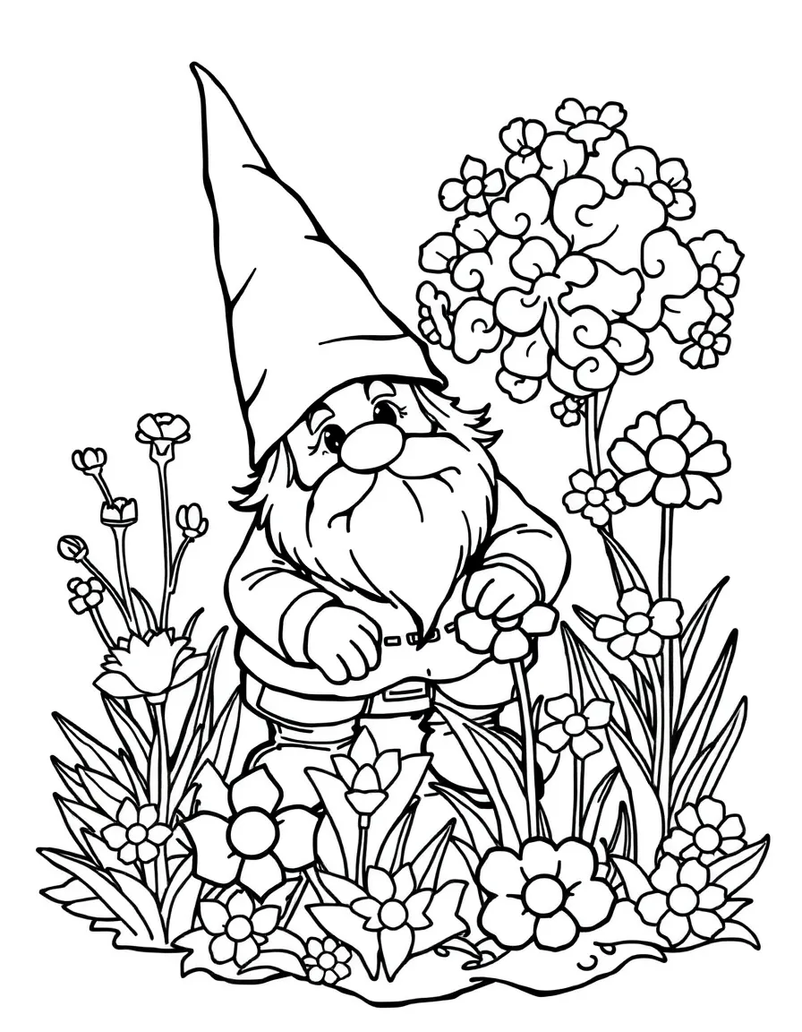 A garden gnome tending to spring flower beds