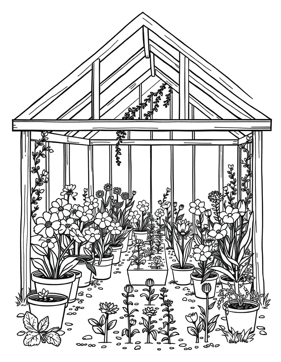 A greenhouse filled with spring flowers and seedlings