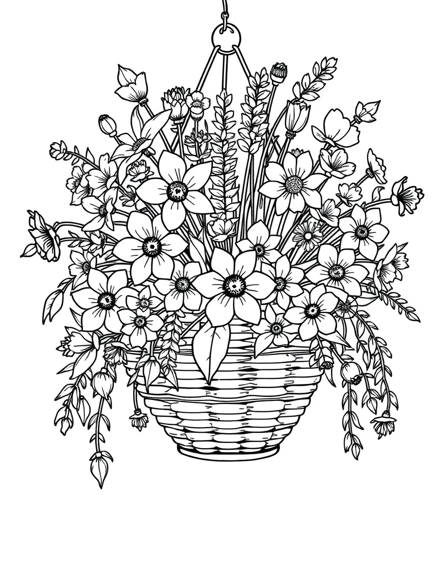 A hanging basket overflowing with spring flowers