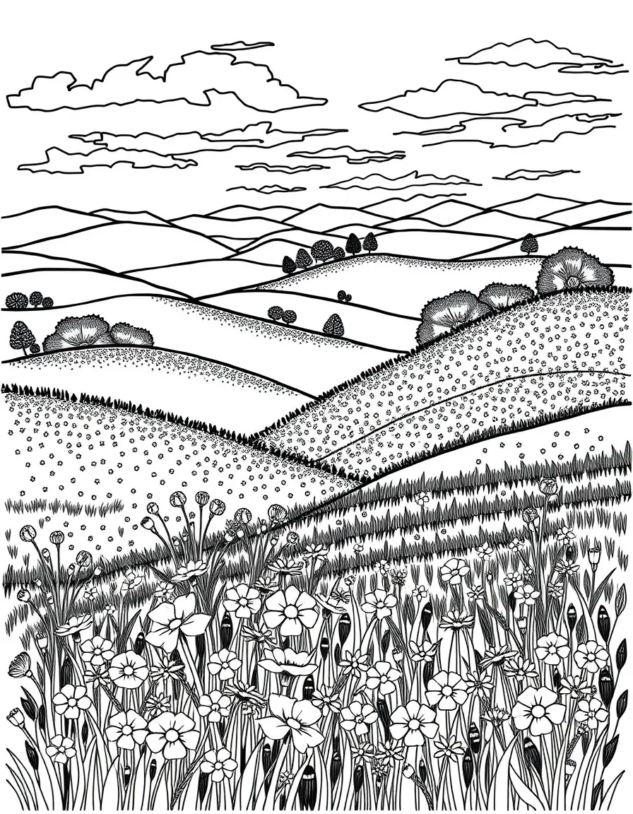 A landscape of rolling hills covered in spring wildflowers