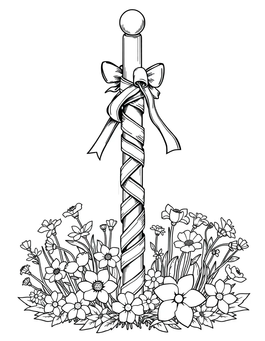 A May Day pole wrapped with ribbons among spring flowers