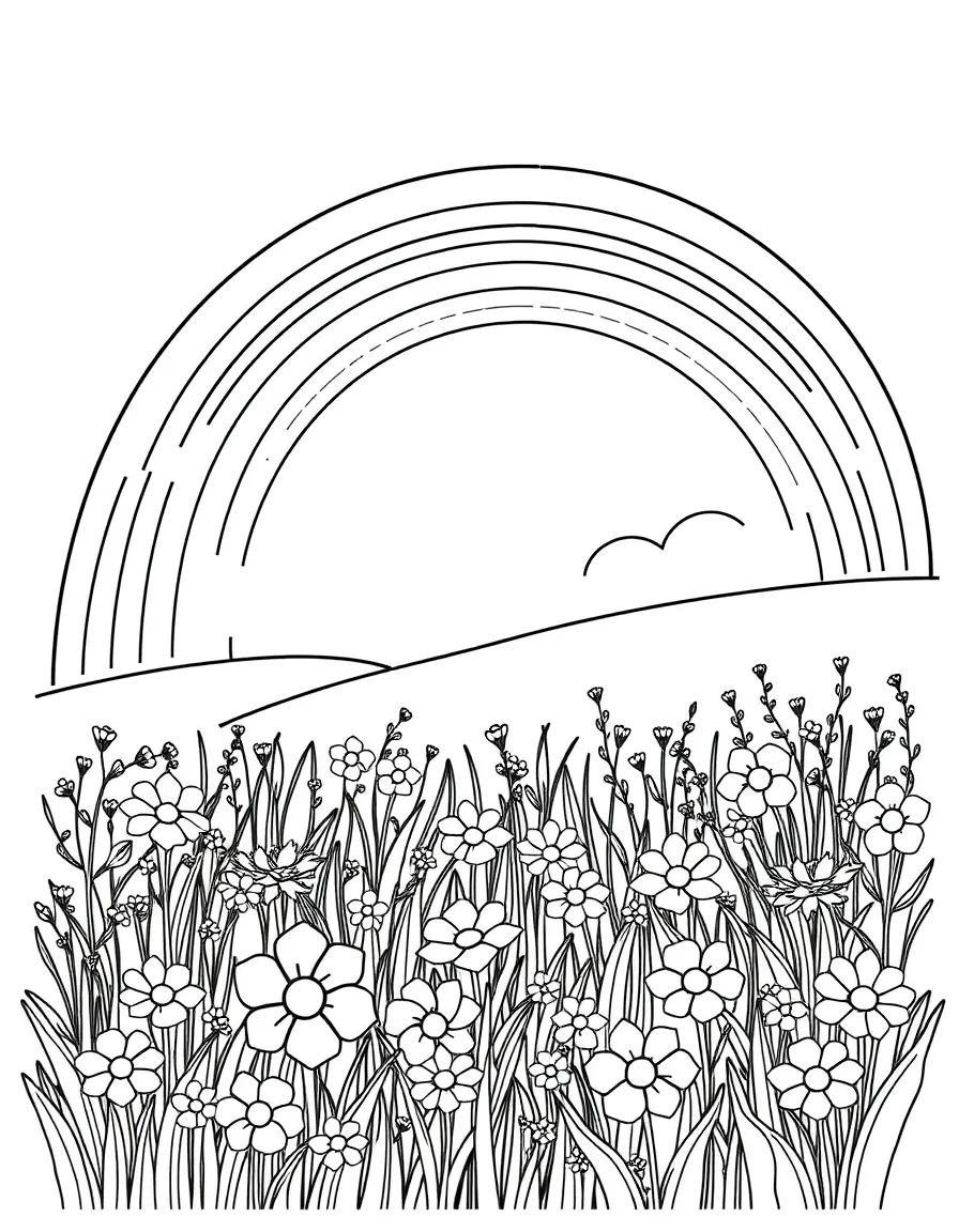 A meadow of spring flowers with a rainbow arching overhead