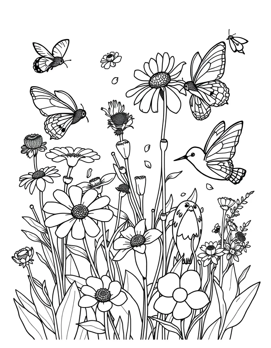 A pollinator garden with bees, butterflies, and hummingbirds
