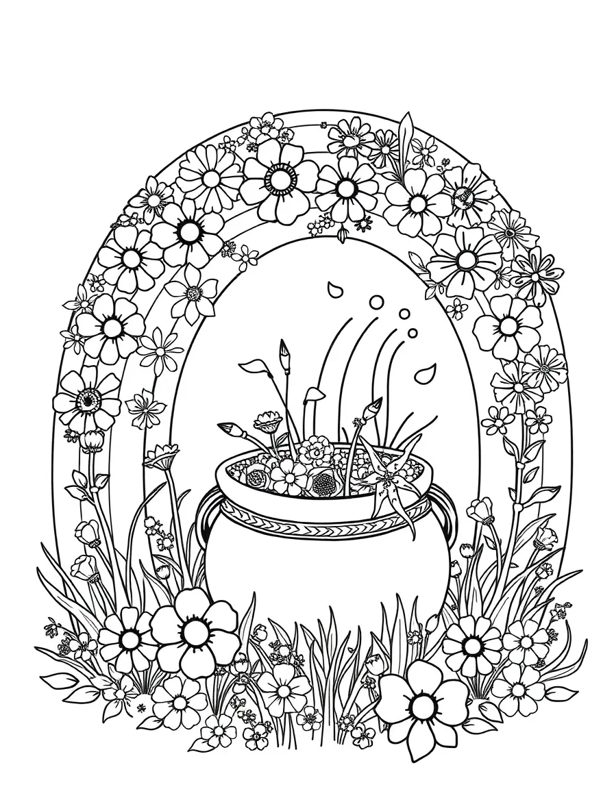 A pot of gold at the end of a rainbow made of spring flowers