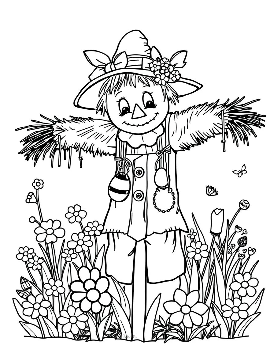 A scarecrow in a spring flower garden wearing Easter decorations