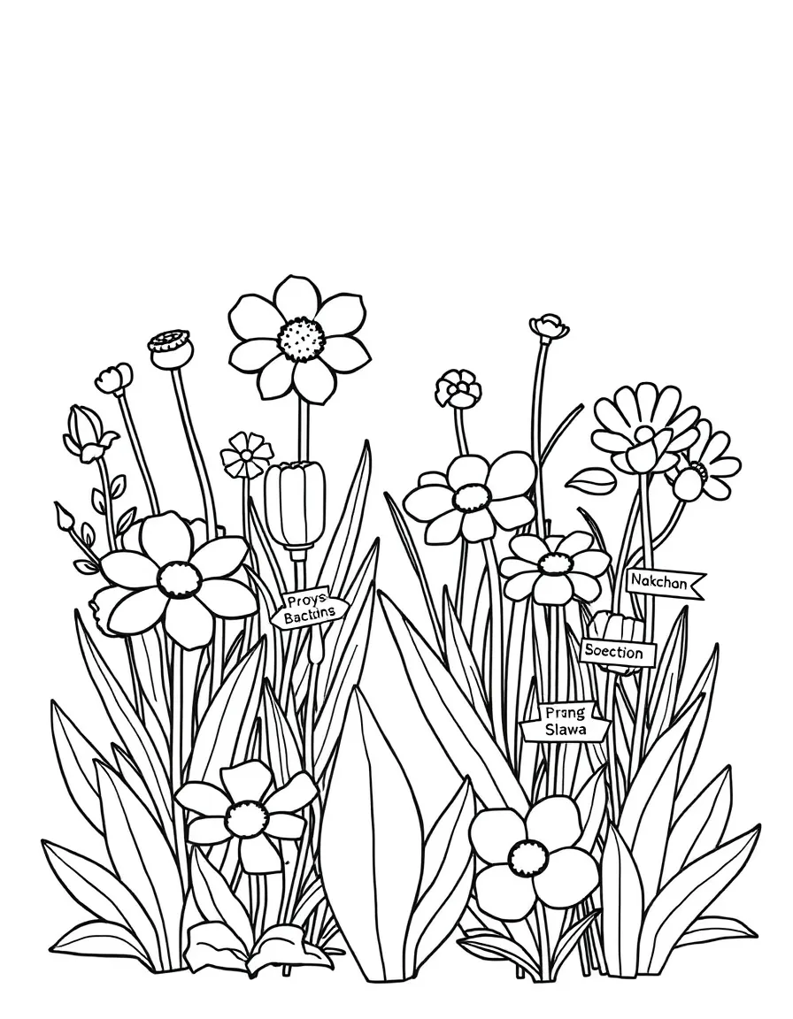 A spring flower garden with labeled plant markers