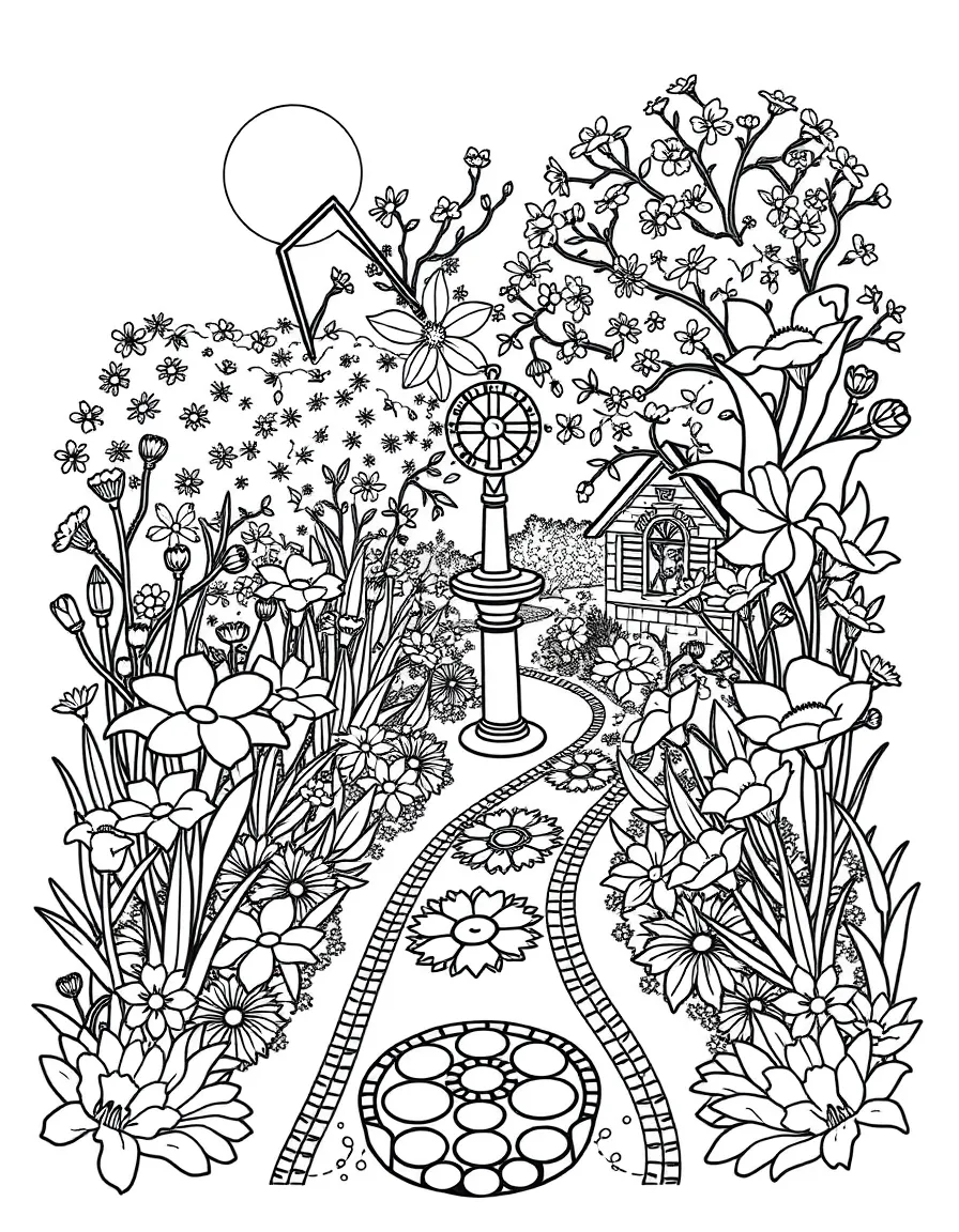 A spring flower garden with sundial and decorative paths