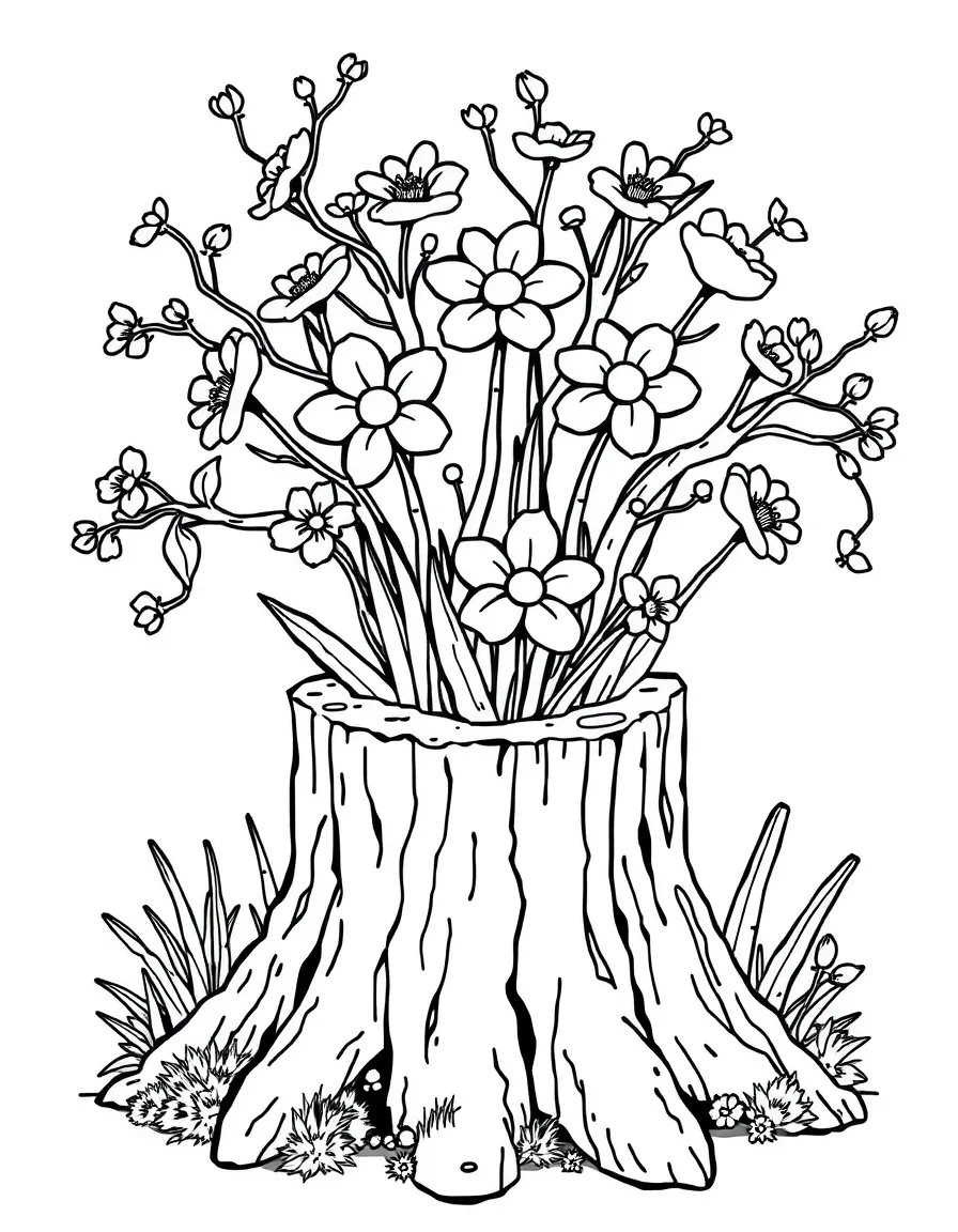 A tree stump with spring flowers growing from its center