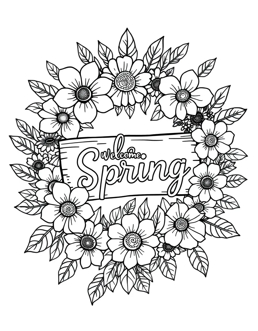 A wreath of spring flowers with a "Welcome Spring" sign
