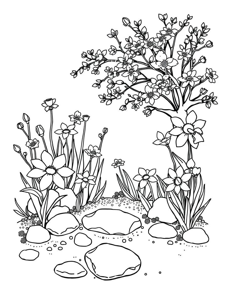 A zen garden with carefully arranged spring flowers and rocks