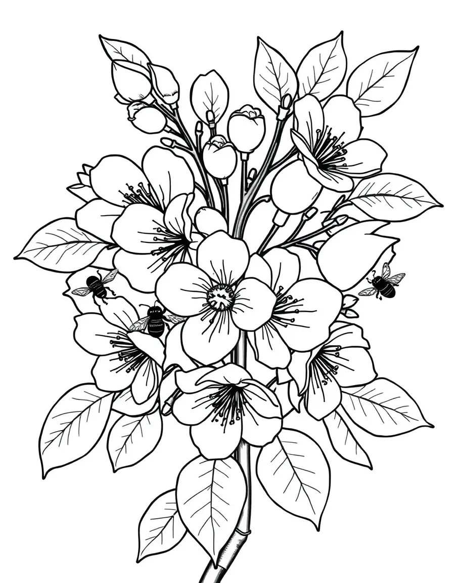 Apple blossoms with bees buzzing around the flowers