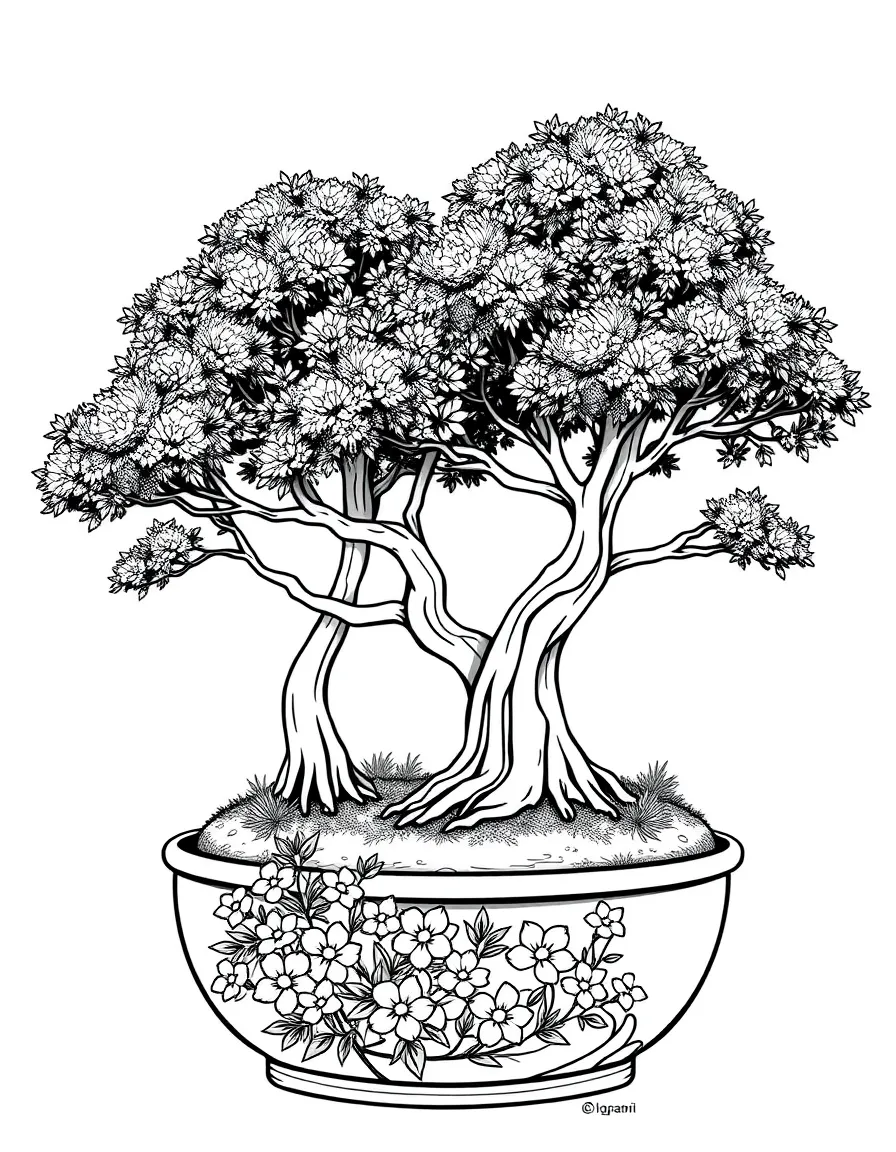 Bonsai trees with miniature spring flowers at their base