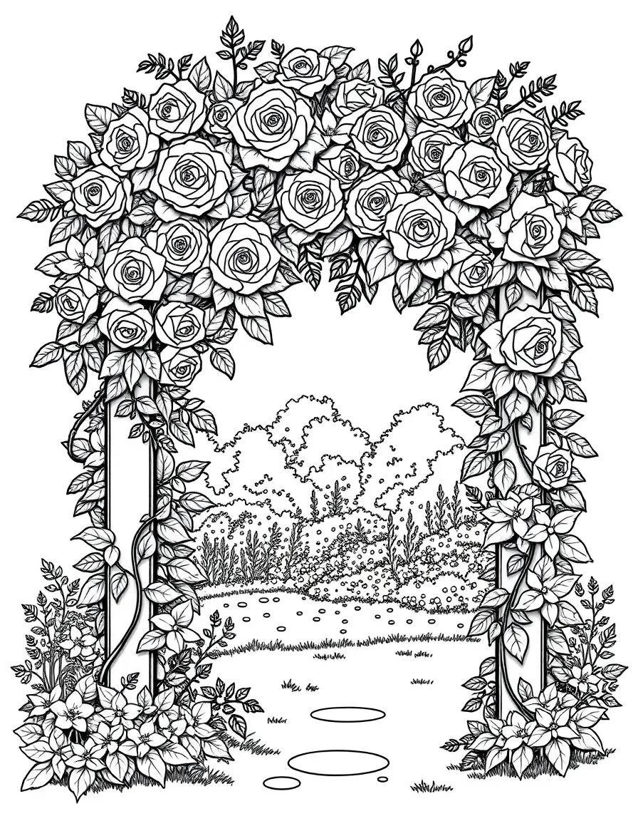 Climbing roses covering an arbor in a spring garden