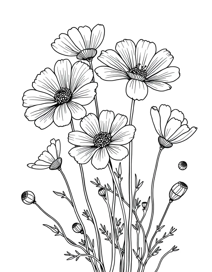 Cosmos flowers dancing in a spring breeze