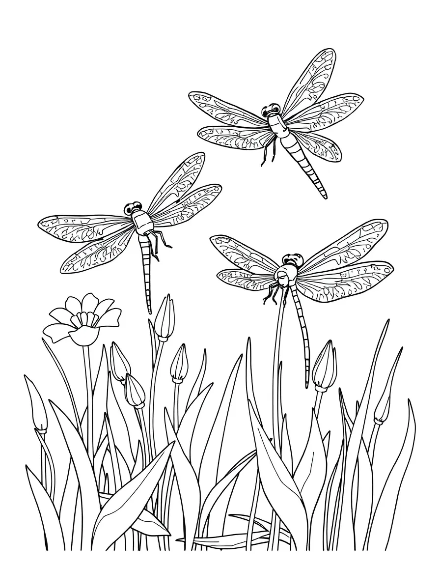 Dragonflies hovering over water plants in a spring pond