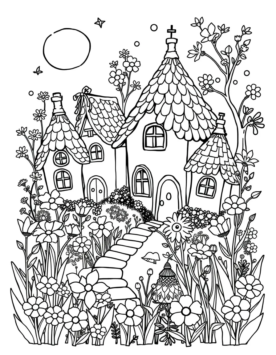 Fairy houses hidden among spring flower gardens