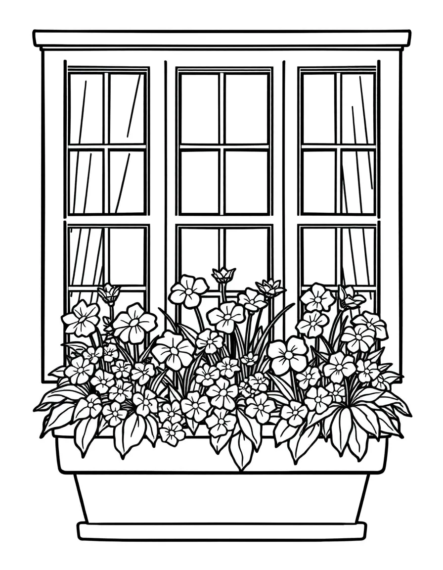 Flower boxes under windows filled with spring blooms