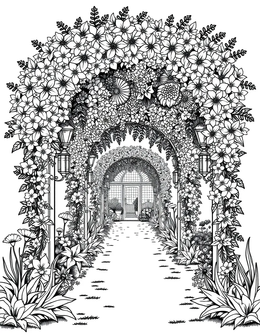 Garden archways covered in climbing spring flowers