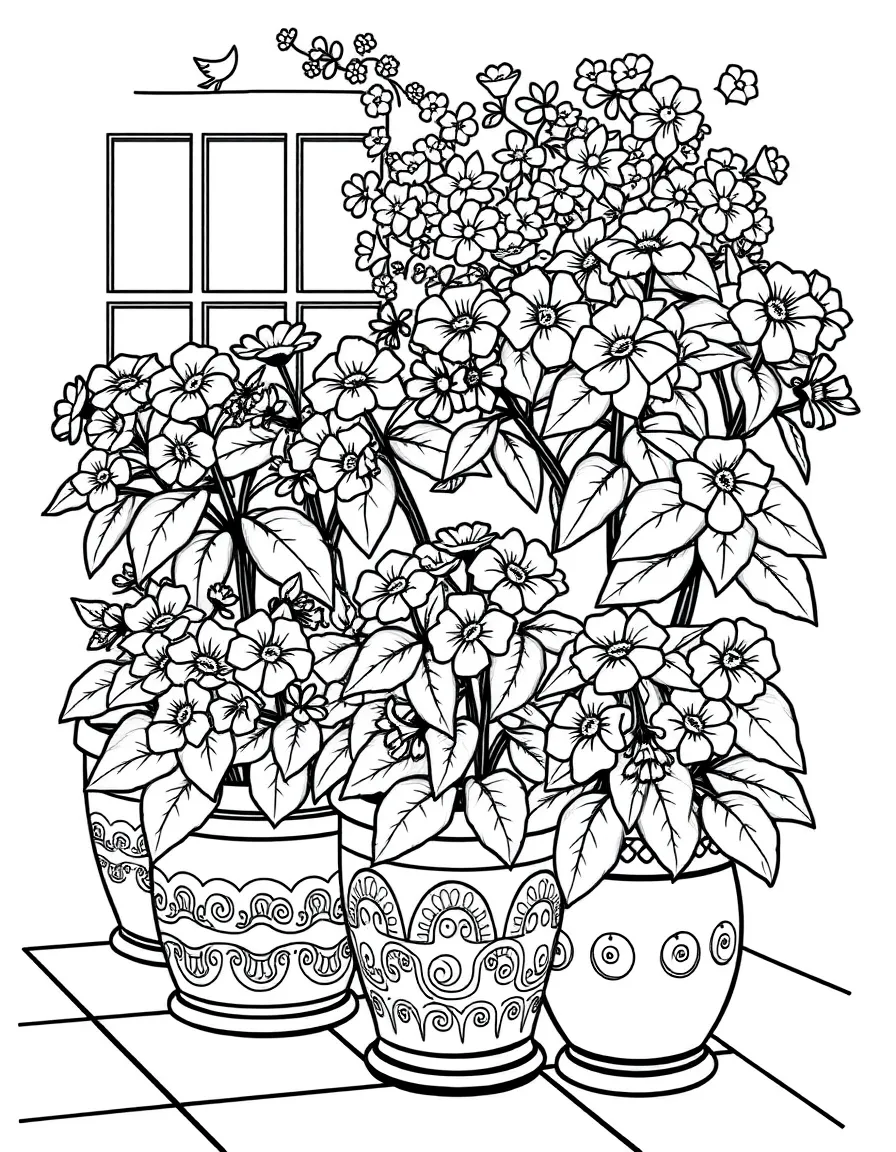 Geraniums in decorated pots on a spring patio
